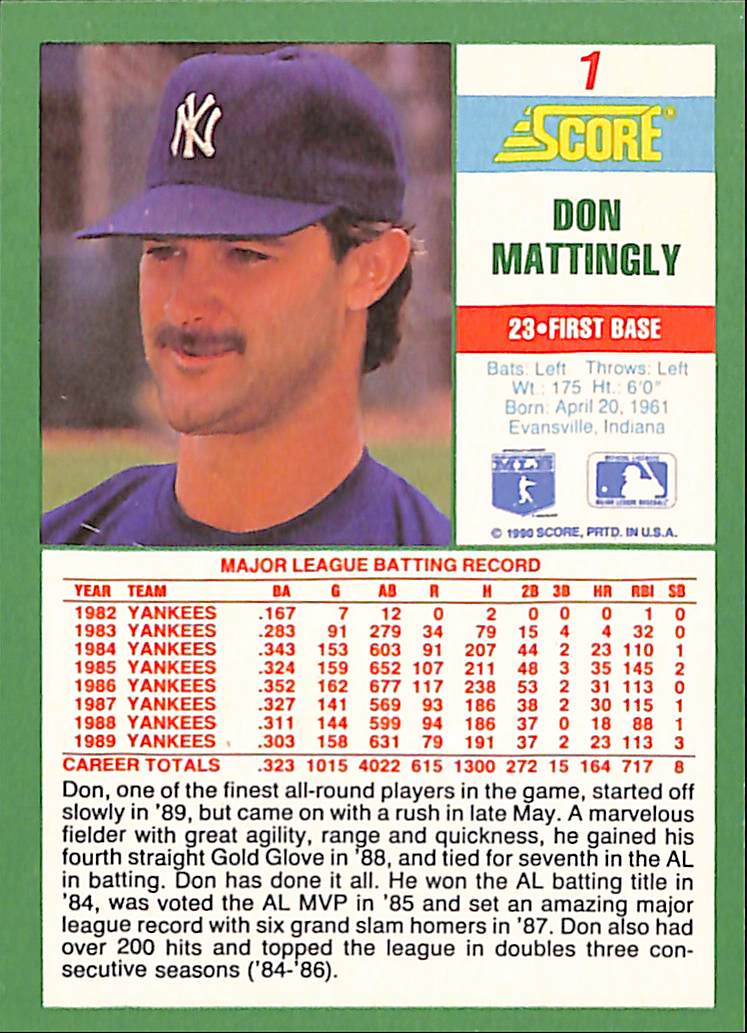 FIINR Baseball Card 1990 Score Deck Don Mattingly MLB Baseball Card #1 - Mint Condition