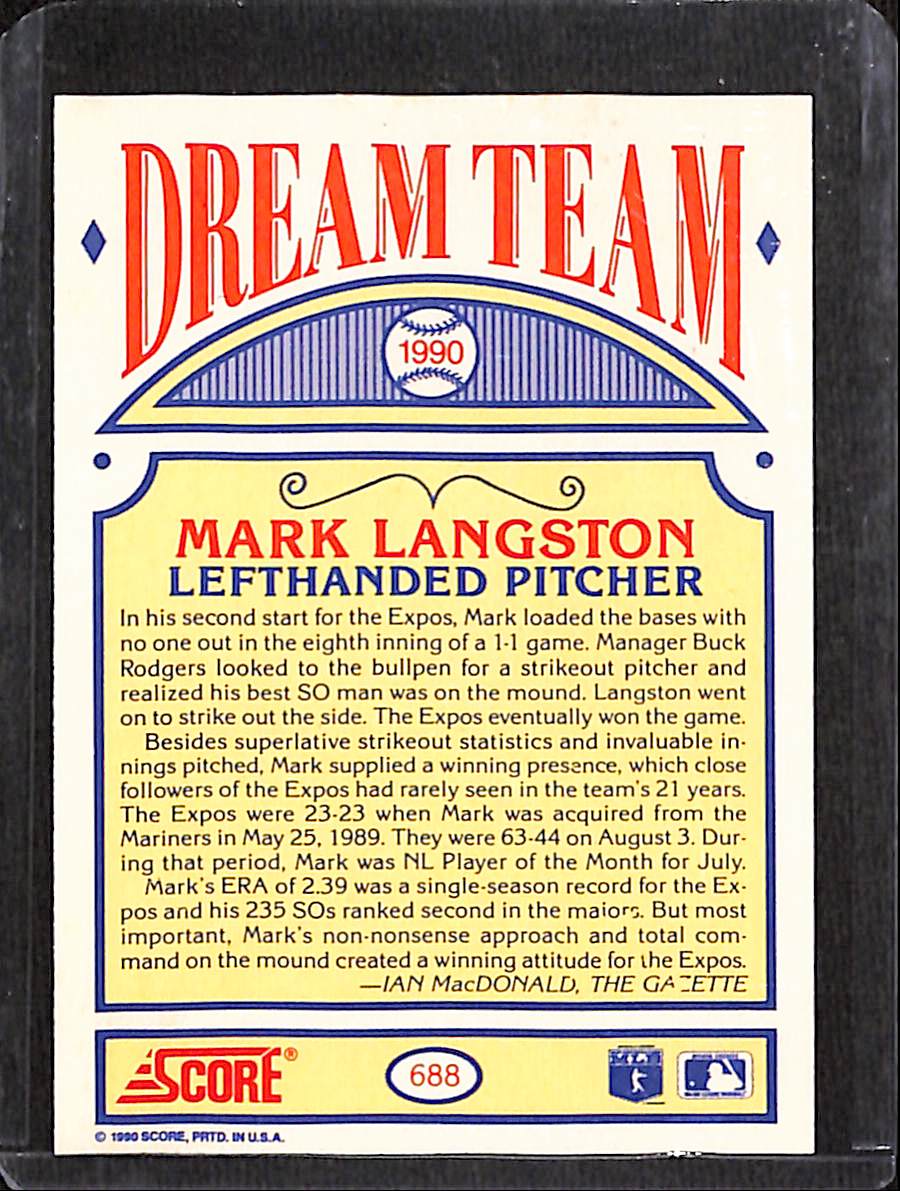 FIINR Baseball Card 1990 Score Dream Team Mark Langston MLB Baseball Card #688 - Mint Condition