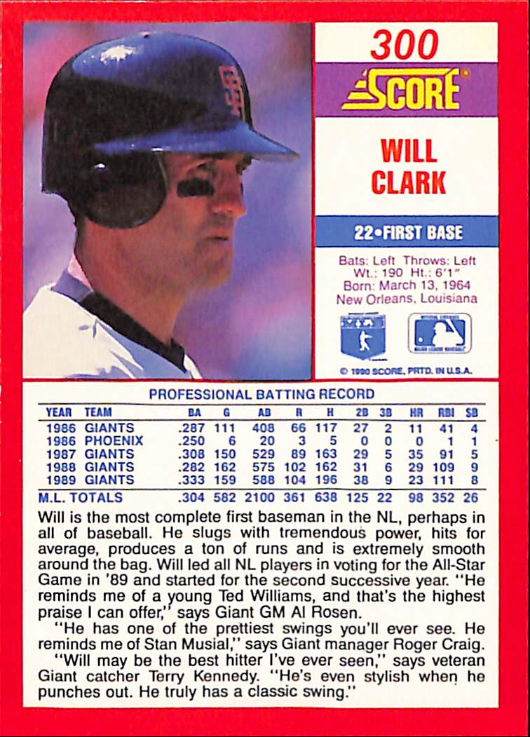 FIINR Baseball Card 1990 Score Will Clark MLB Baseball Player Card #300 - Ok Condition
