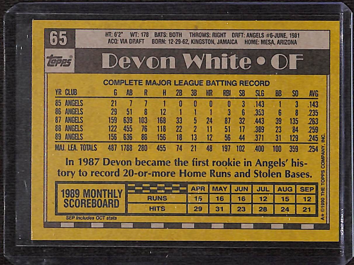 FIINR Baseball Card 1990 Topps Devon White Vintage MLB Baseball Card #65 - Mint Condition