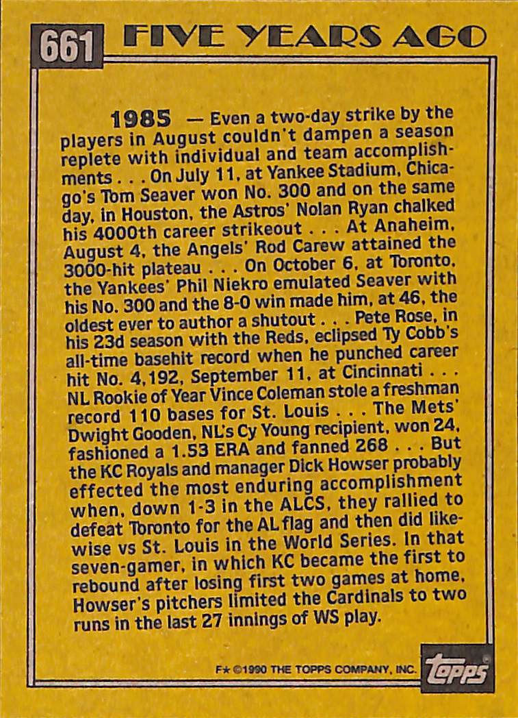 FIINR Baseball Card 1990 Topps Dick Howser Turn Back The Clock Vintage Baseball Card #661 - Mint Condition