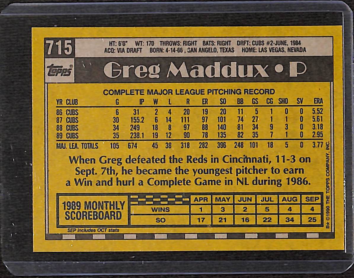 FIINR Baseball Card 1990 Topps Greg Maddux MLB Vintage Baseball Card #715 - Mint Condition