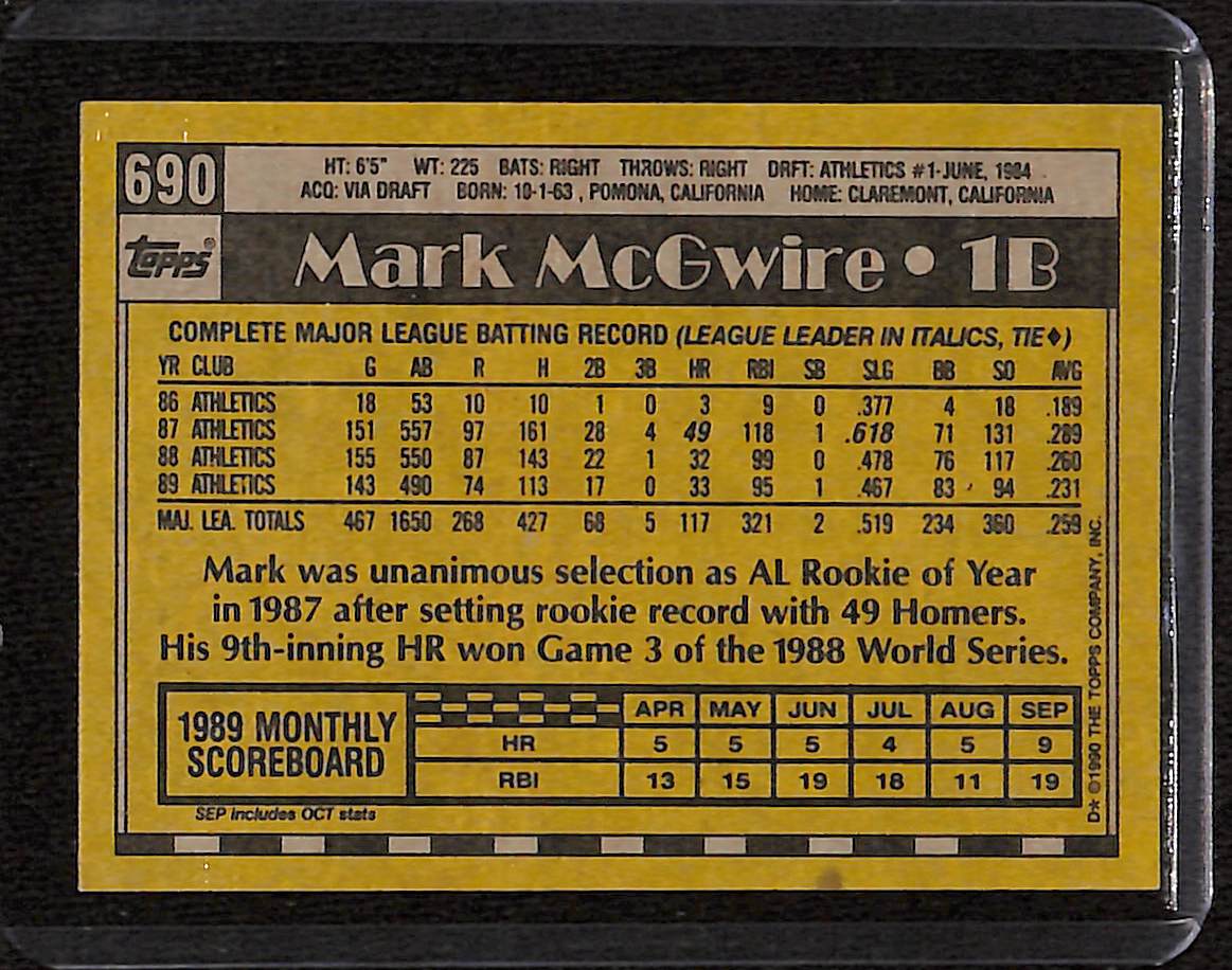FIINR Baseball Card 1990 Topps Mark McGwire Baseball card #690 - Mint Condition
