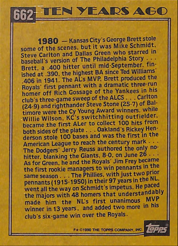 FIINR Baseball Card 1990 Topps Mike Schmidt Turn Back The Clock Vintage Baseball Card #662 - Mint Condition