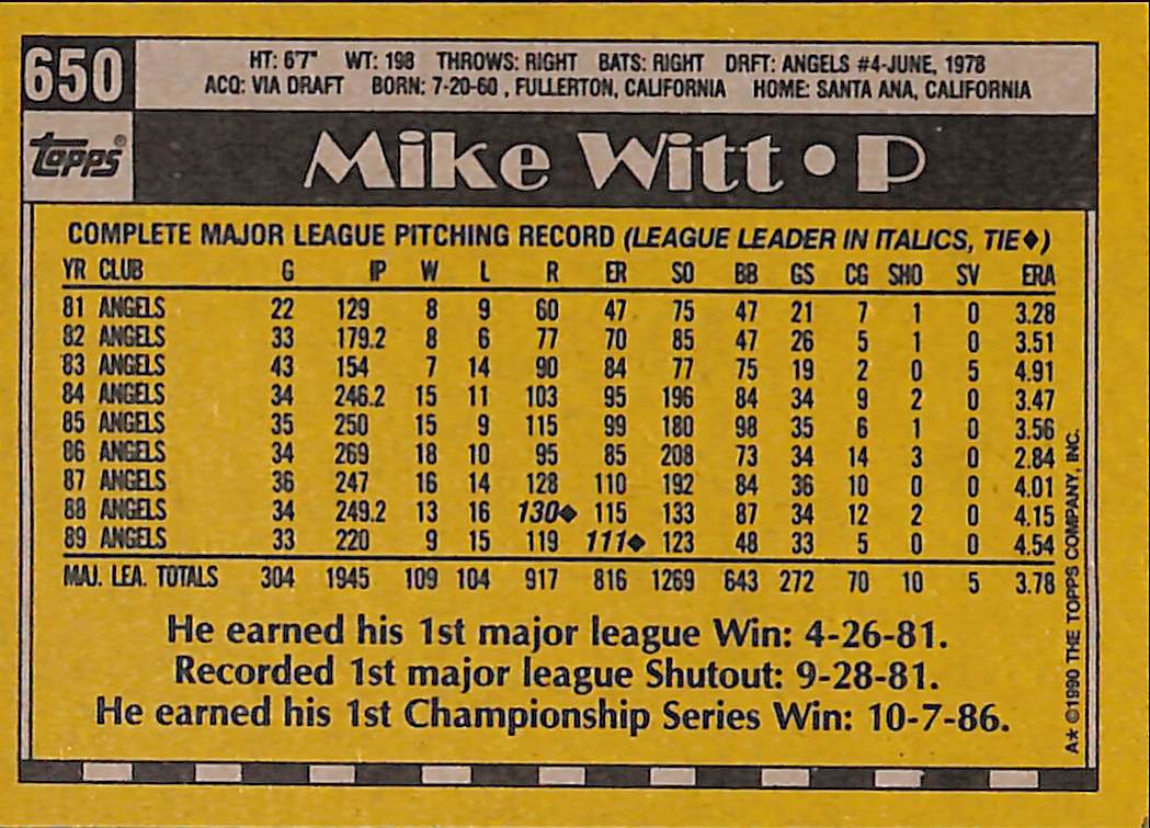FIINR Baseball Card 1990 Topps Mike Witt Vintage MLB Baseball Card #650 - Mint Condition