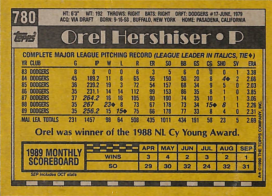 FIINR Baseball Card 1990 Topps Orel Hershiser Vintage Baseball Card #780 - Mint Condition