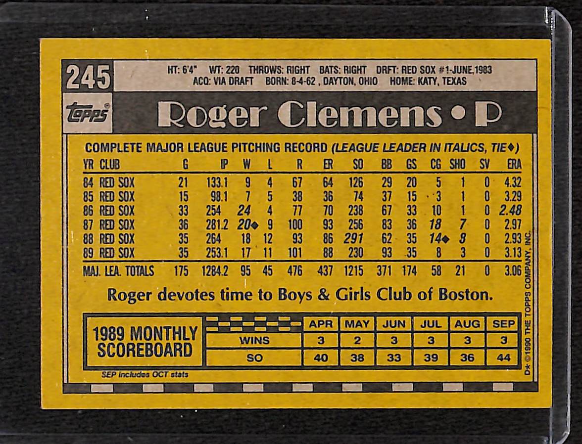 FIINR Baseball Card 1990 Topps Roger Clemens Baseball Card #245 - Error Card - Very Rare - Mint Condition