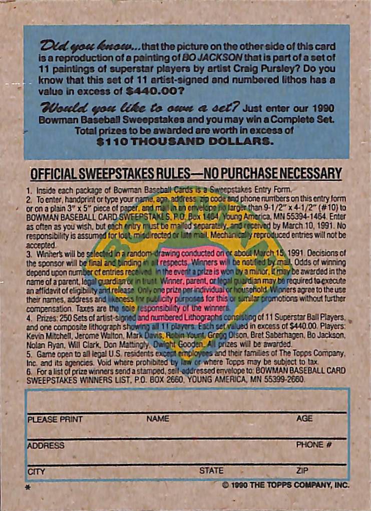 FIINR Baseball Card 1990 Topps Sweepstakes Bo Jackson Royals Baseball Card #Sweepstakes Card