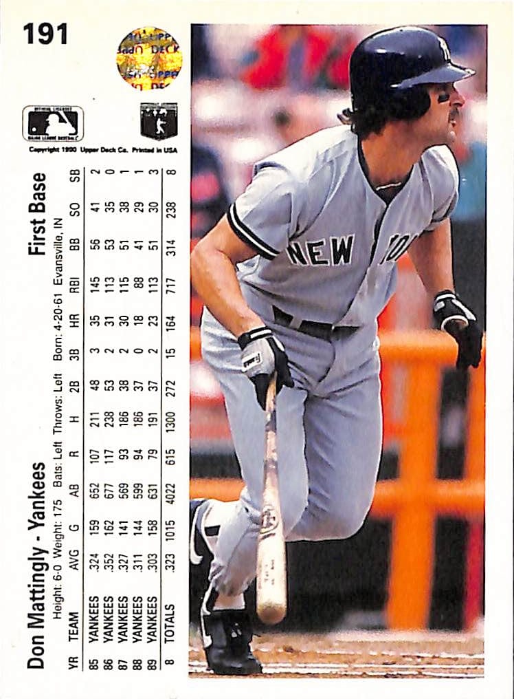 FIINR Baseball Card 1990 Upper Deck Don Mattingly Baseball Card #191 - Mint Condition