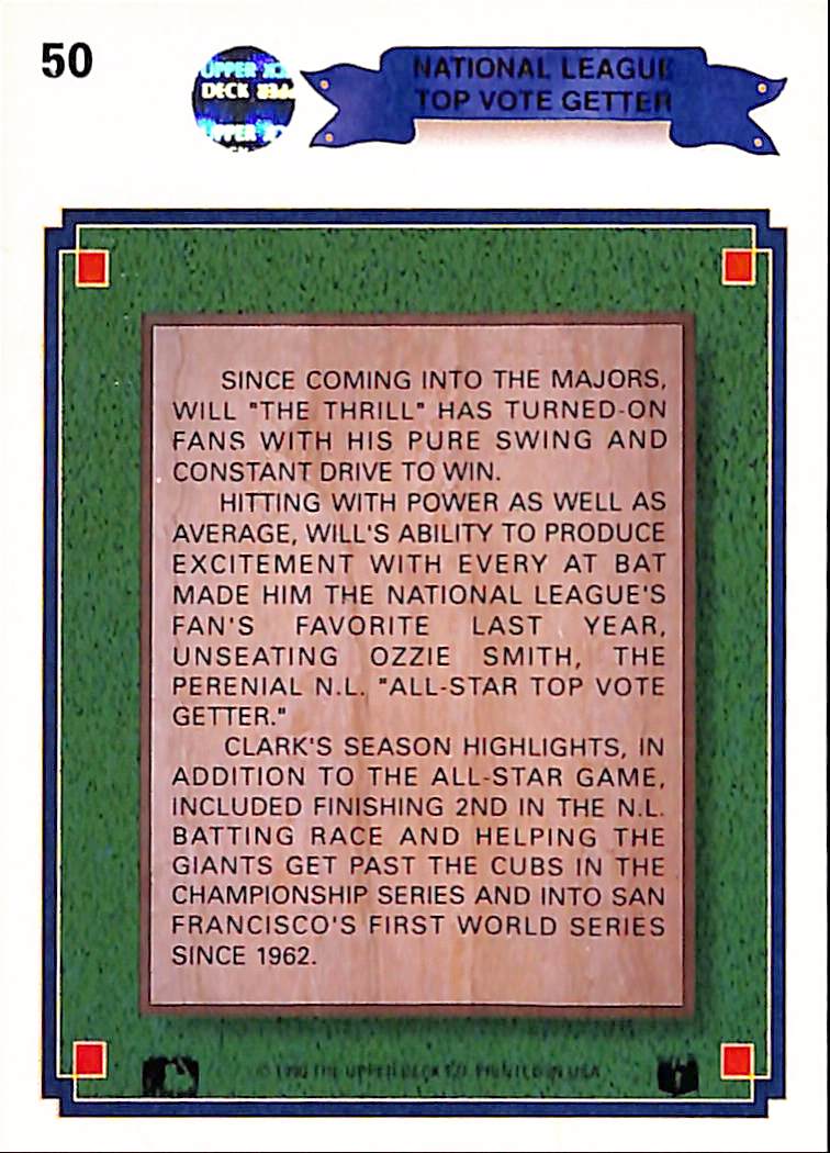 FIINR Baseball Card 1990 Upper Deck Will Clark Top Vote Getter MLB Baseball Player Card #50 - Mint Condition