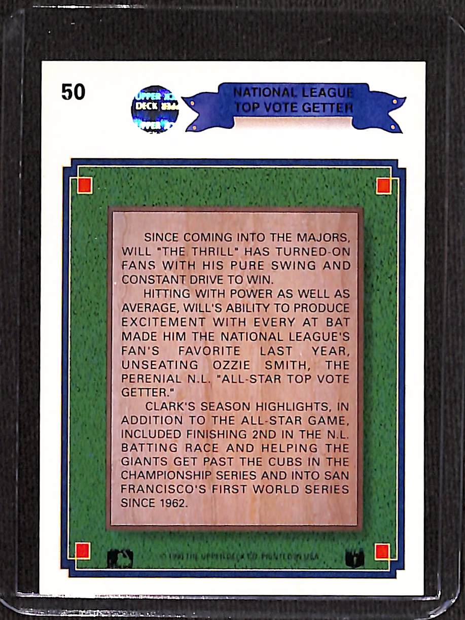 FIINR Baseball Card 1990 Upper Deck Will Clark Top Vote Getter MLB Baseball Player Card #50 - Mint Condition