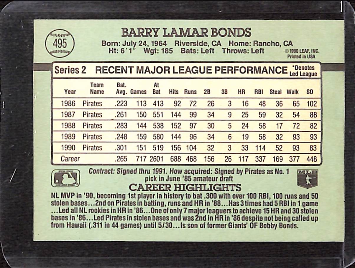 FIINR Baseball Card 1991 Donruss Barry Bonds Baseball Card #495 - Mint Condition