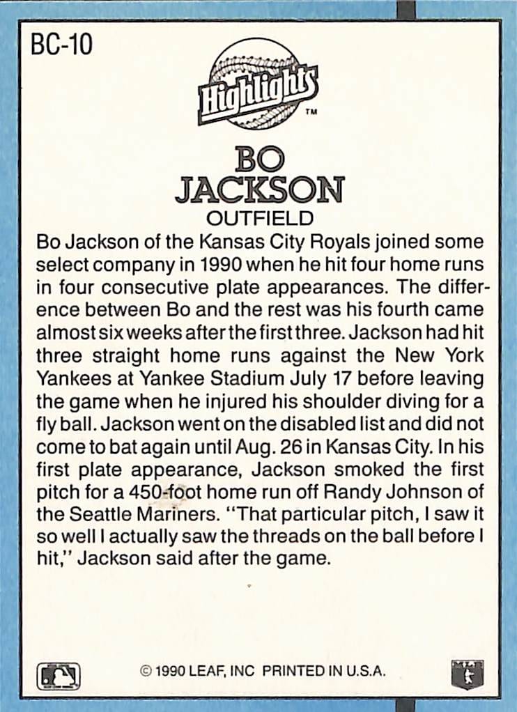 FIINR Baseball Card 1991 Donruss Bo Jackson MLB Baseball Error Card Royals #BC-10 - Error Card - Mint Condition