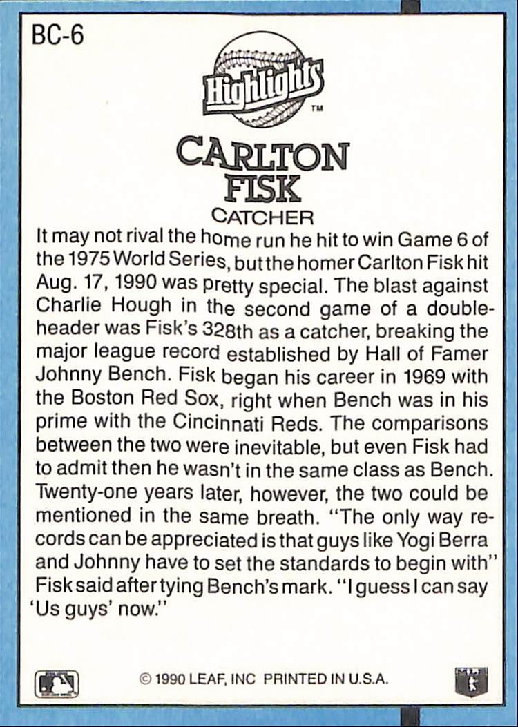 FIINR Baseball Card 1991 Donruss Carlton Fisk Baseball Error Card #BC-6 - Error Card - Mint Condition