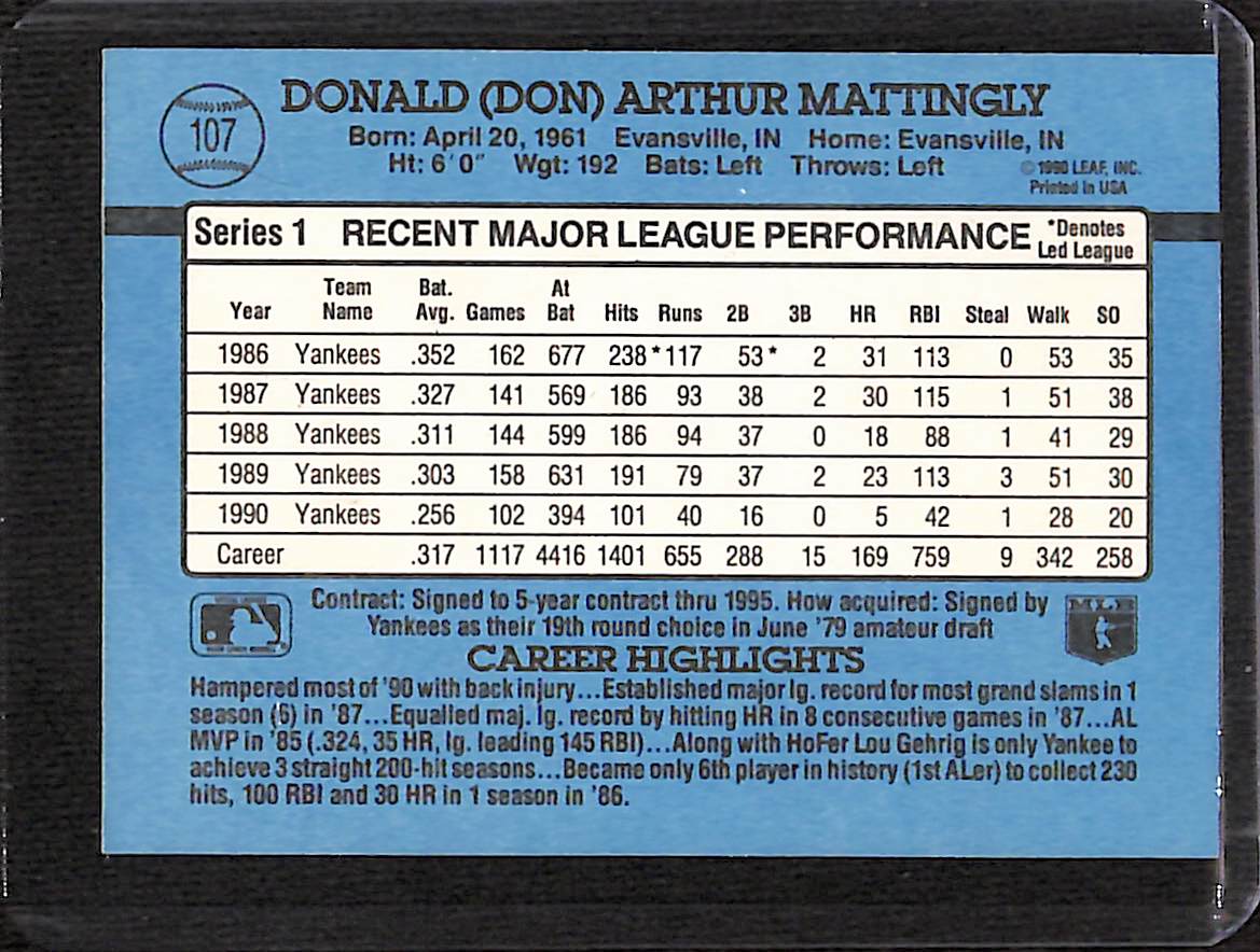 FIINR Baseball Card 1991 Donruss Don Mattingly MLB Baseball Card #107 - Mint Condition