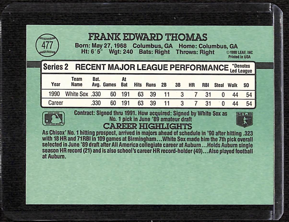FIINR Baseball Card 1991 Donruss Frank Thomas Baseball Error Card #477 - Error Card - Mint Condition