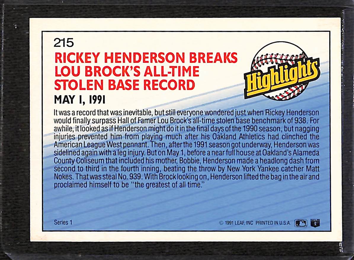 FIINR Baseball Card 1991 Donruss Highlights Rickey Henderson Baseball Error Card #215 - Error Card - Mint Condition