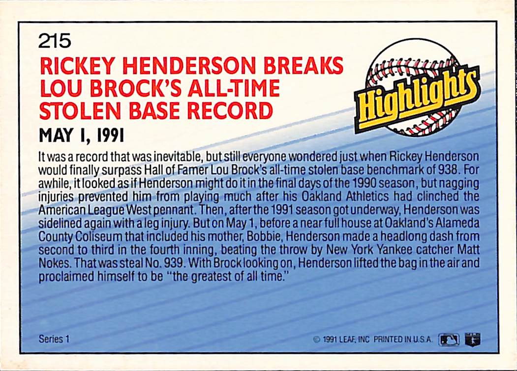 FIINR Baseball Card 1991 Donruss Highlights Rickey Henderson Baseball Error Card #215 - Error Card - Mint Condition