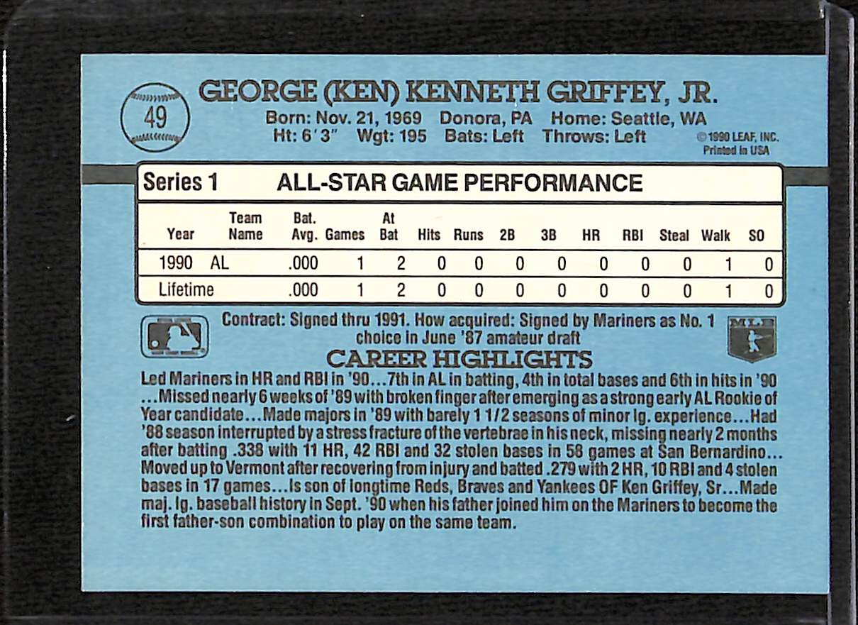 FIINR Baseball Card 1991 Donruss Ken Griffey Jr. MLB Baseball Card #49 - Mint Condition