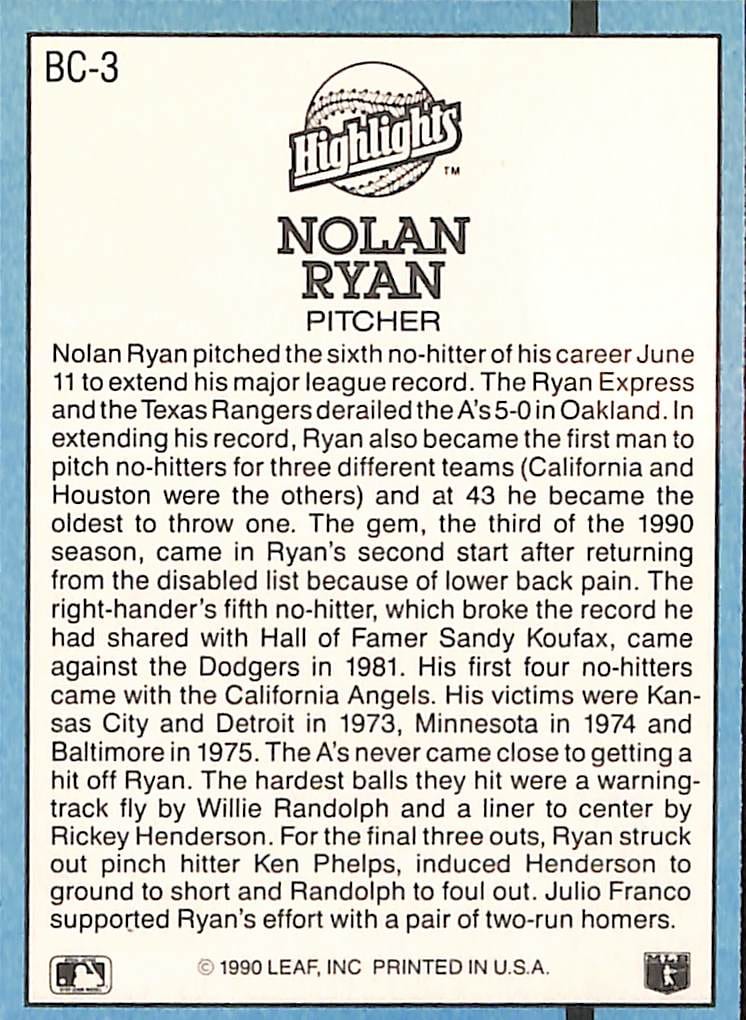 FIINR Baseball Card 1991 Donruss Nolan Ryan Baseball Error Card Rangers #BC3 - Error Card - Mint Condition