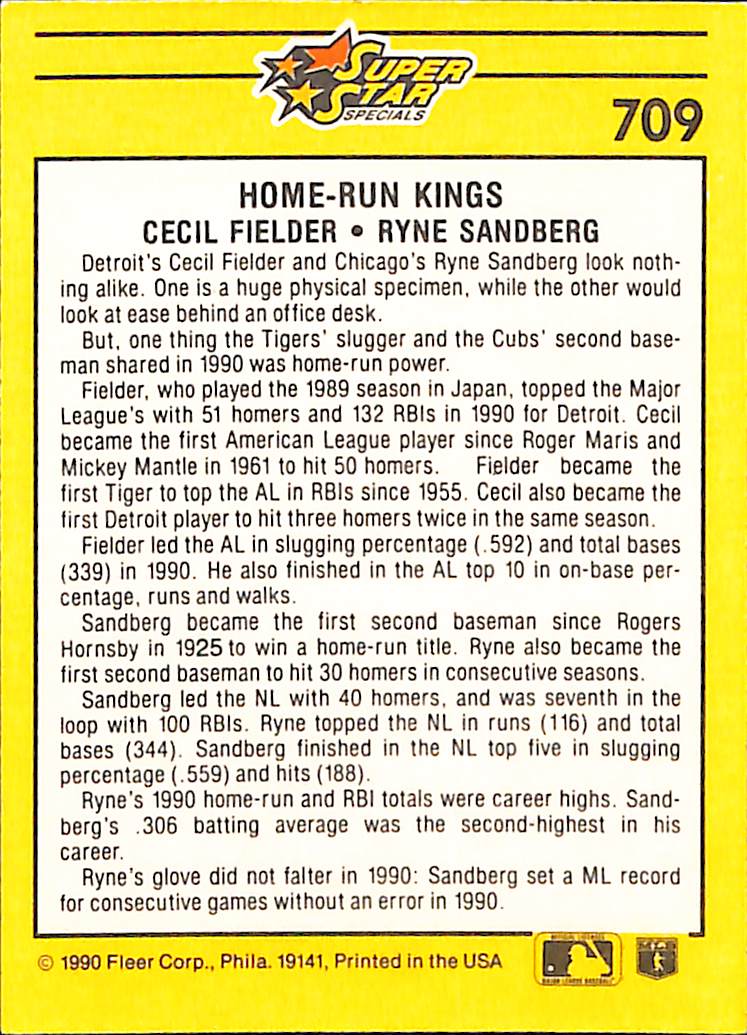 FIINR Baseball Card 1991 Fleer Cecil Fielder and Ryne Sandberg MLB Baseball Card #709 - Mint Condition