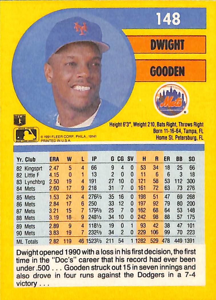 FIINR Baseball Card 1991 Fleer Dwight "Doc" Gooden Baseball Card #148 - Mint Condition
