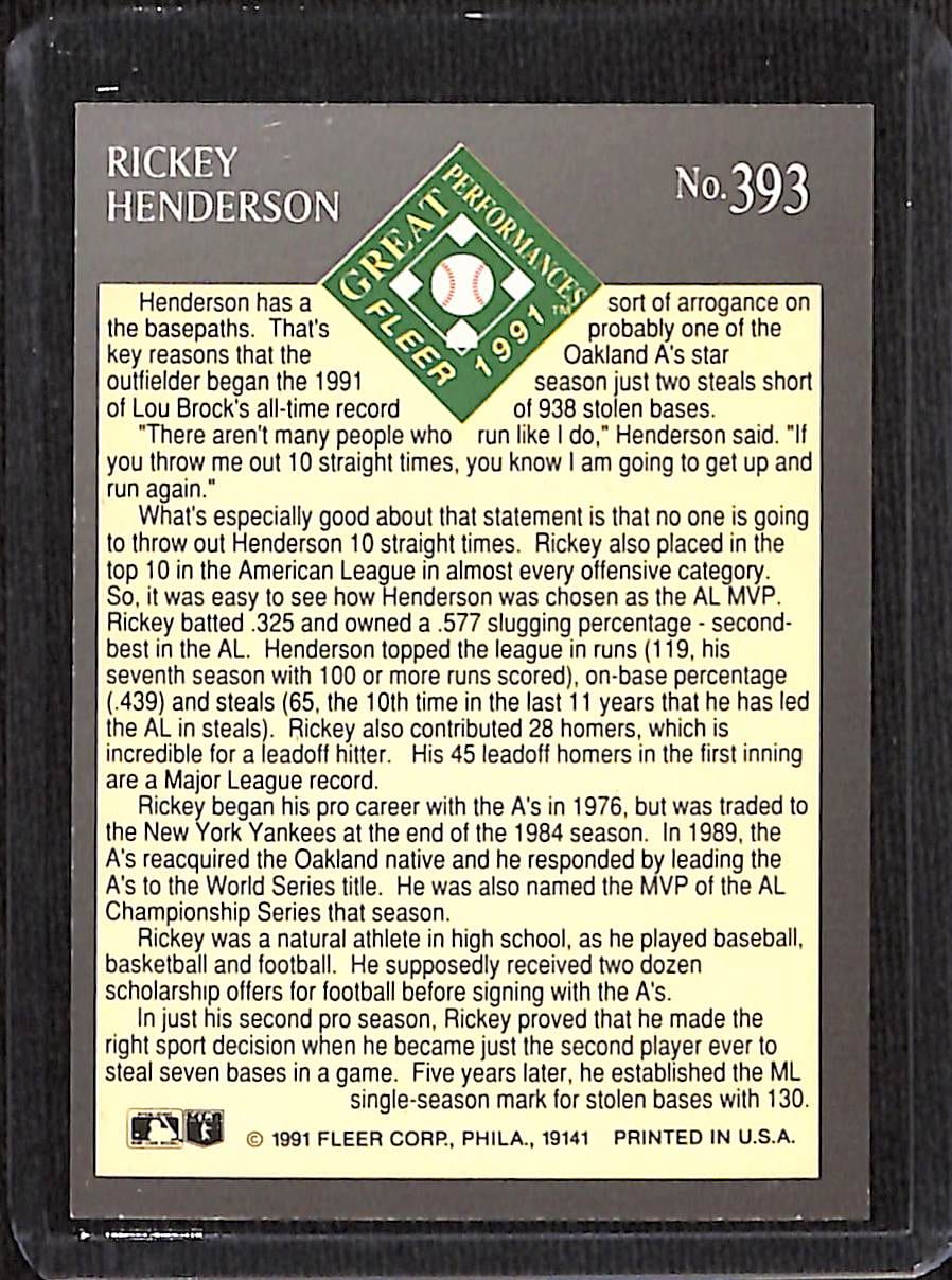 FIINR Baseball Card 1991 Fleer Great Performer Rickey Henderson Baseball Card #393 - Mint Condition