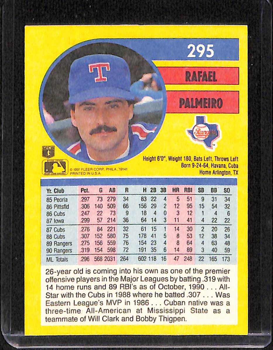 FIINR Baseball Card 1991 Fleer Rafael Palmeiro MLB Baseball Card #295 - Mint Condition