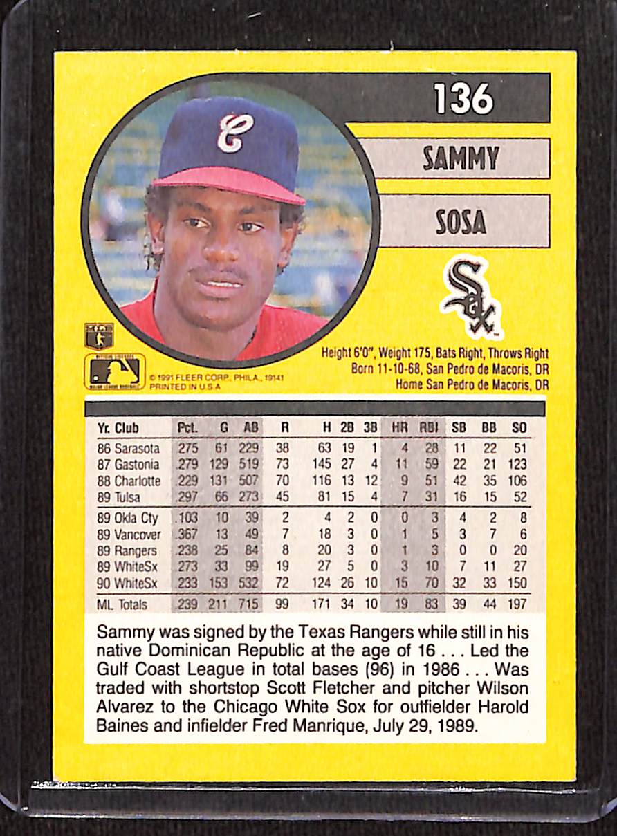 FIINR Baseball Card 1991 Fleer Sammy Sosa MLB Baseball Error Card #136 - Error Card - Mint Condition