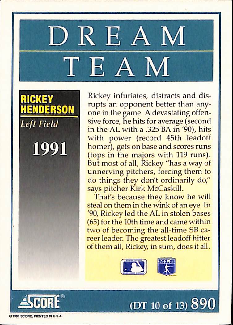 FIINR Baseball Card 1991 Score Dream Team Rickey Henderson Baseball Card #890 - Mint Condition