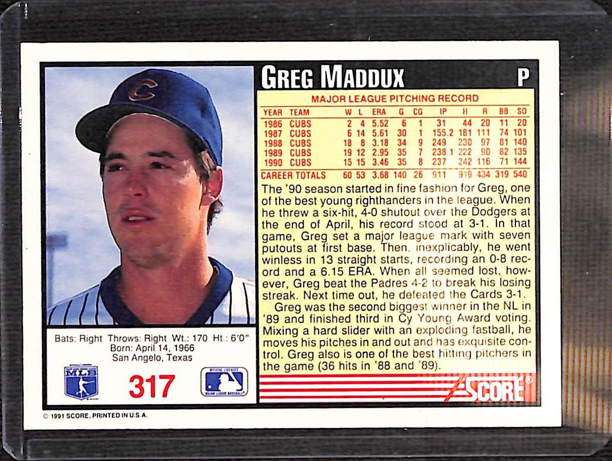 FIINR Baseball Card 1991 Score Greg Maddux MLB Baseball Card #317 - Mint Condition