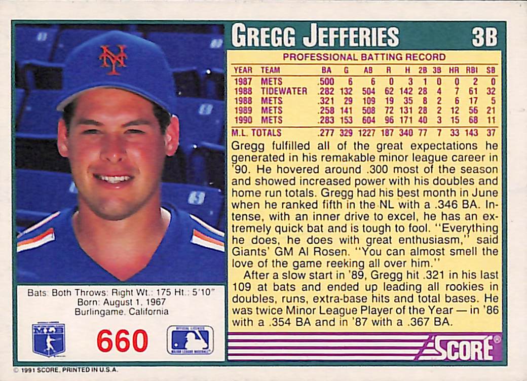 FIINR Baseball Card 1991 Score Gregg Jefferies MLB Baseball Card #660 - Mint Condition
