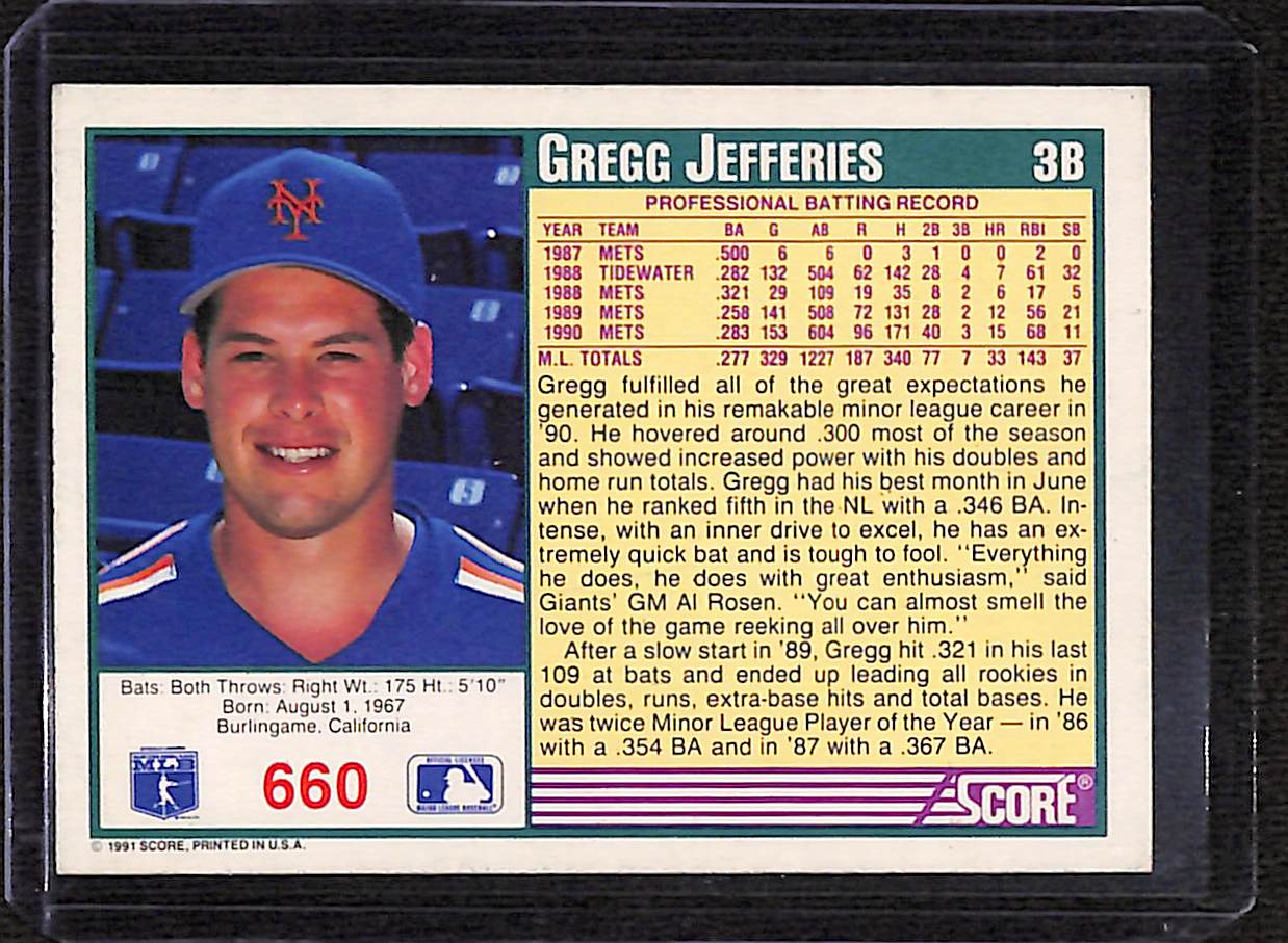 FIINR Baseball Card 1991 Score Gregg Jefferies MLB Baseball Card #660 - Mint Condition