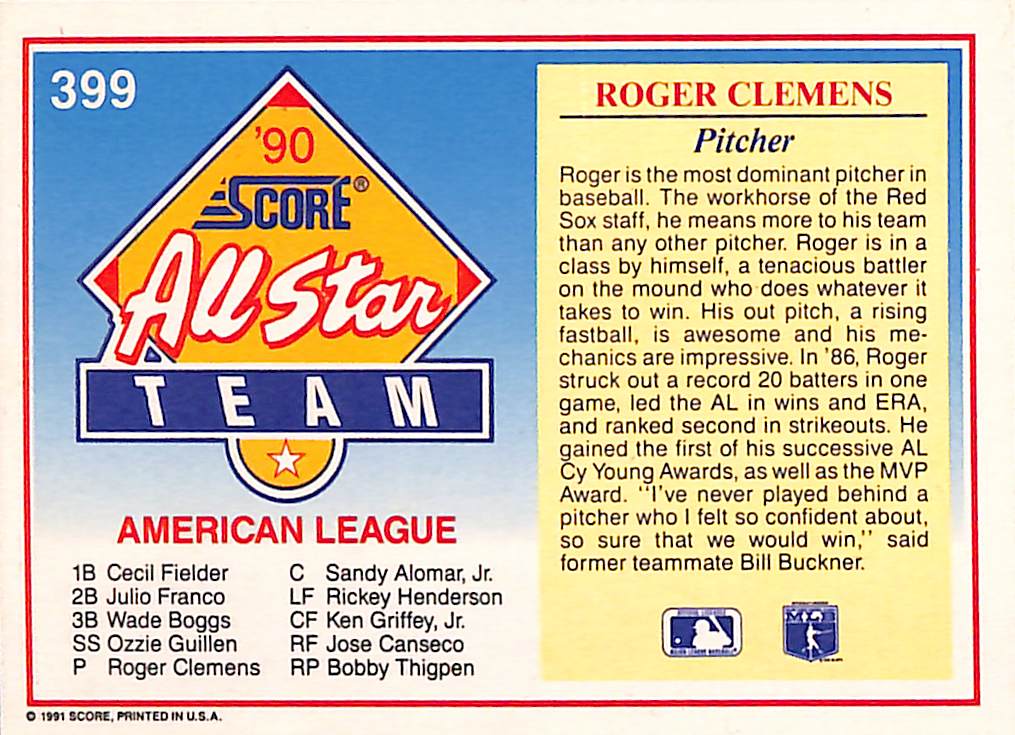 FIINR Baseball Card 1991 Score Roger Clemens Baseball Card #399 - Mint Condition