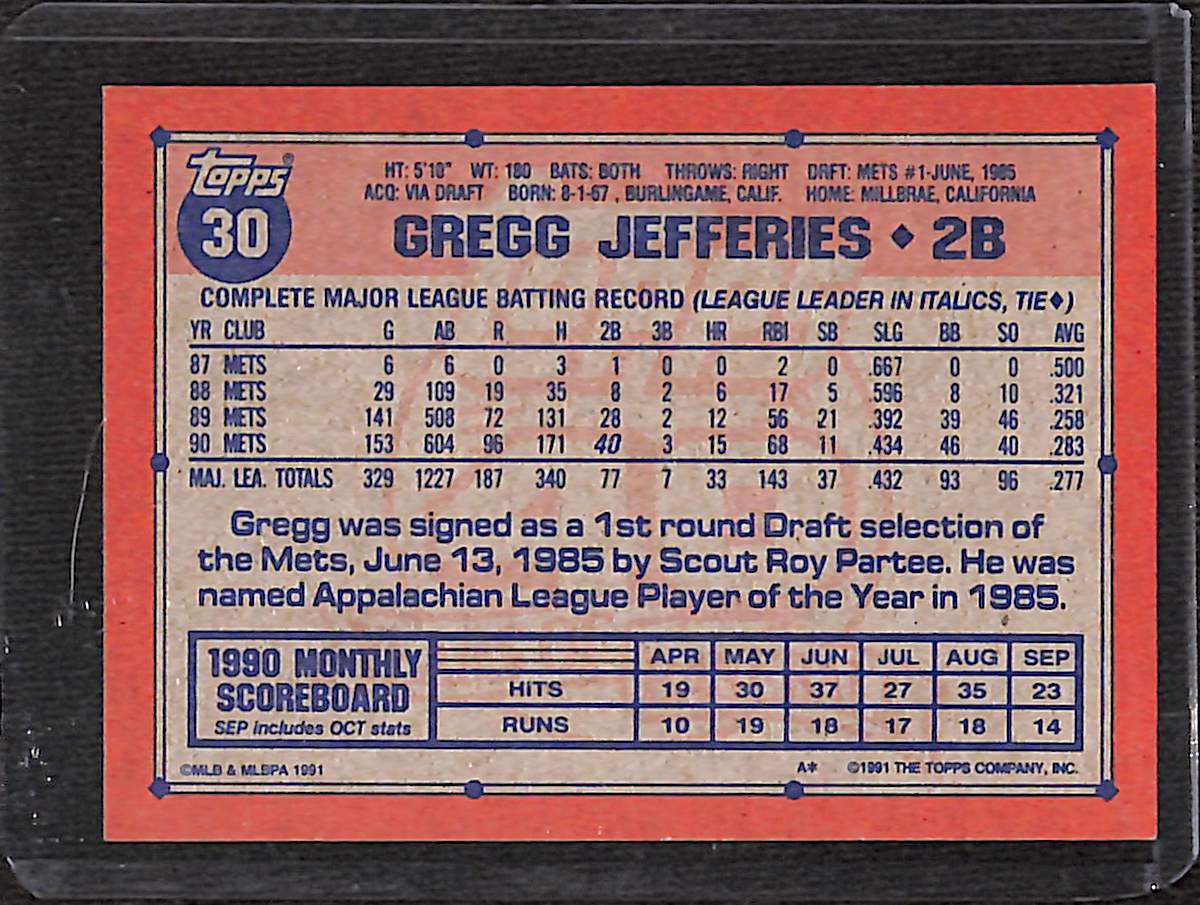 FIINR Baseball Card 1991 Topps 40 Years Gregg Jefferies MLB Baseball Card #30 - Mint Condition