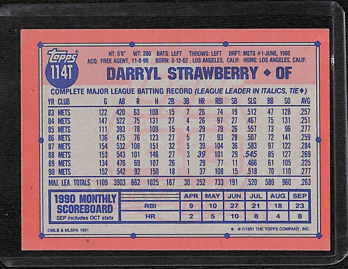 FIINR Baseball Card 1991 Topps Darryl Strawberry Error Baseball Card #114T - Error Card - Very Rare - Mint Condition