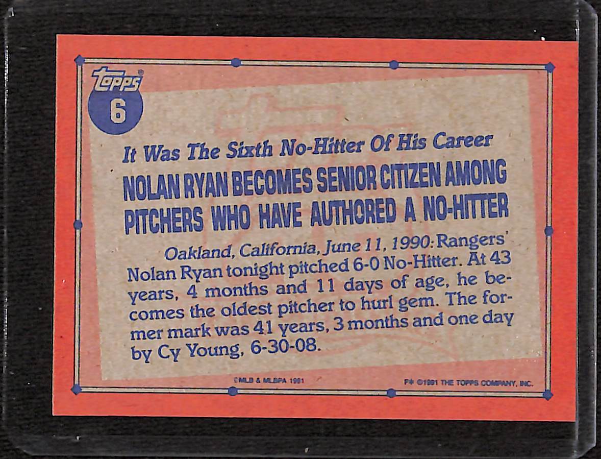 FIINR Baseball Card 1991 Topps Nolan Ryan Record Breaker Topps 40 Years Baseball Card #6 - Mint Condition