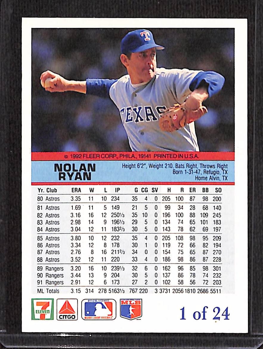 FIINR Baseball Card 1992 Fleer Nolan Ryan MLB Baseball Card #1 of 24 - Mint Condition