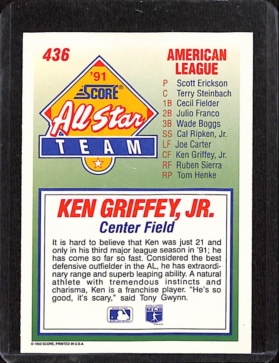 FIINR Baseball Card 1992 Score All-Star Team Ken Griffey Jr. MLB Baseball Card #436 - Mint Condition