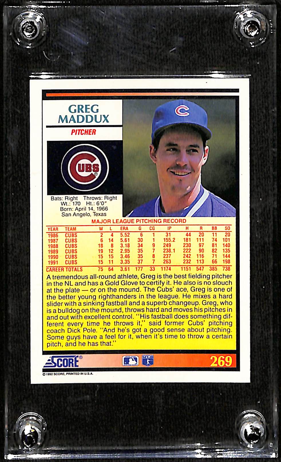 FIINR Baseball Card 1992 Score Greg Maddux MLB Baseball Card #269 - Mint Condition