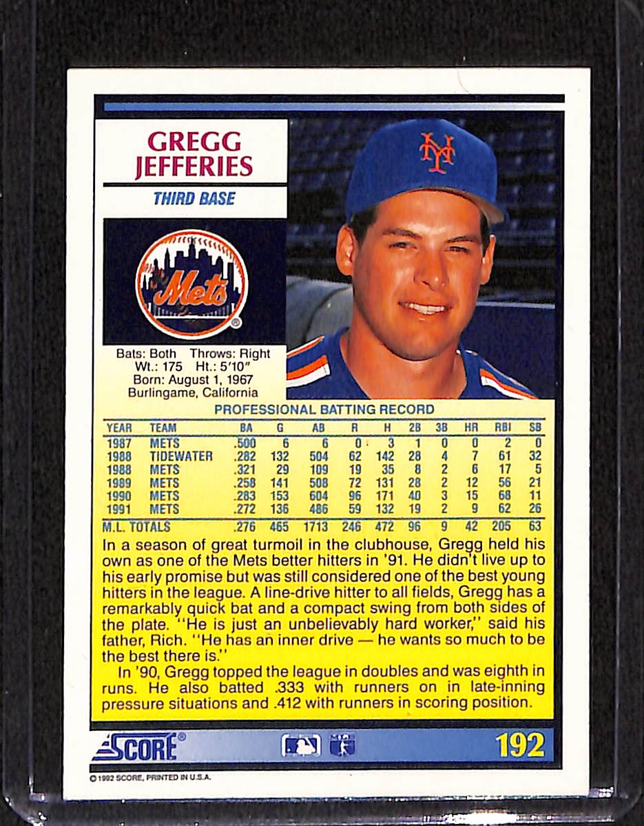FIINR Baseball Card 1992 Score Gregg Jefferies MLB Baseball Card #192 - Mint Condition