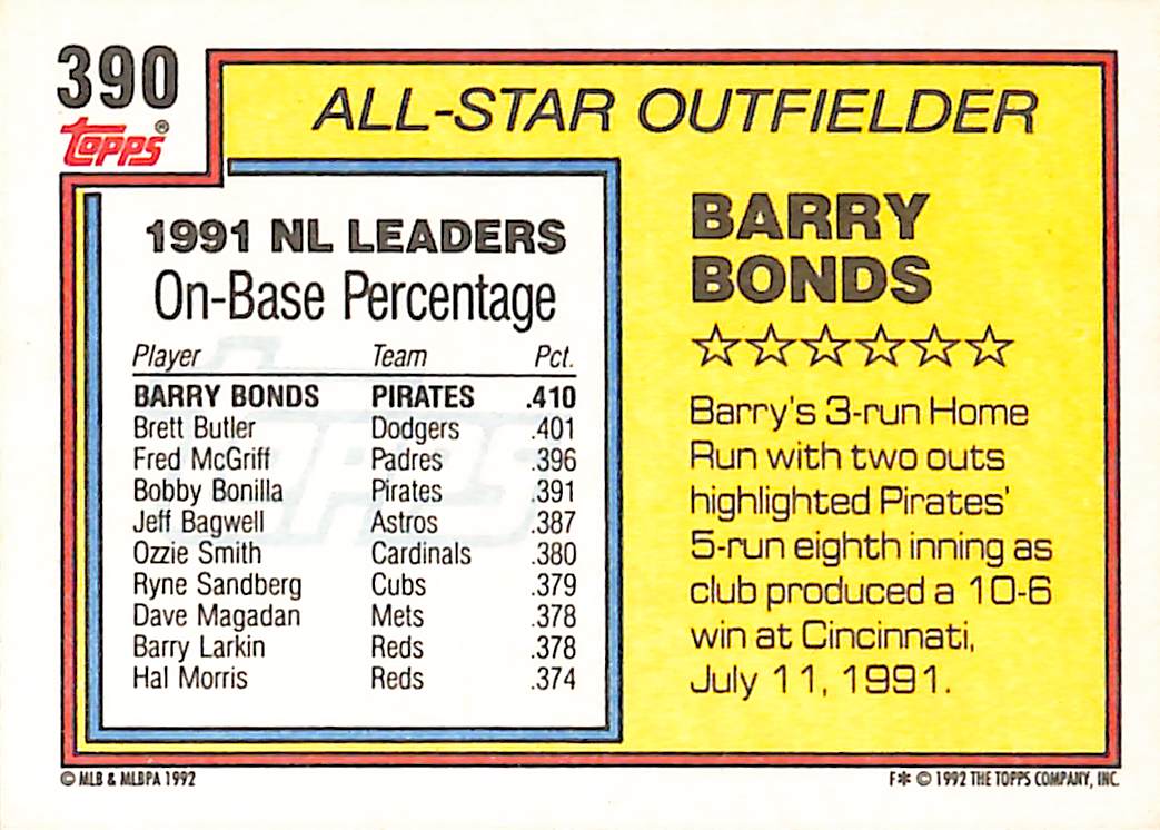 FIINR Baseball Card 1992 Topps All-Star Barry Bonds Baseball Card #390 - Mint Condition