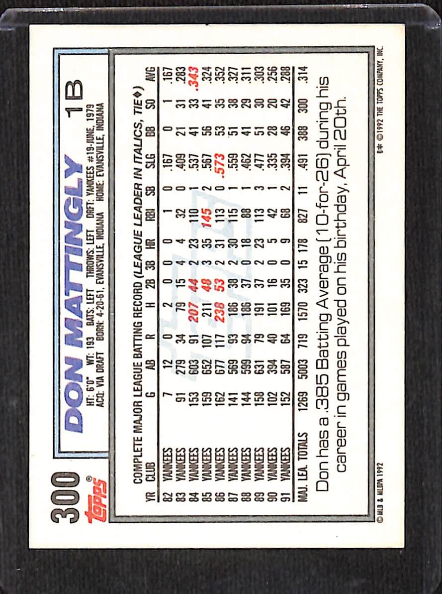 FIINR Baseball Card 1992 Topps Don Mattingly MLB Baseball Card #300 - Mint Condition