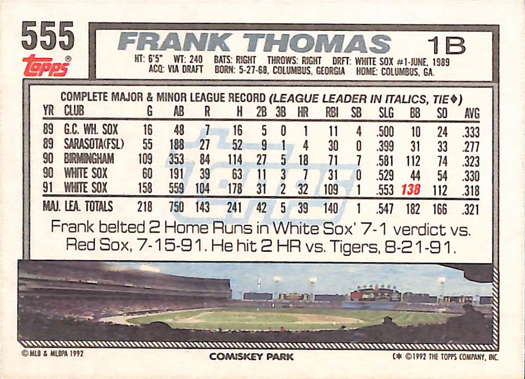 FIINR Baseball Card 1992 Topps Frank Thomas Baseball Card White Sox #552 - Mint Condition