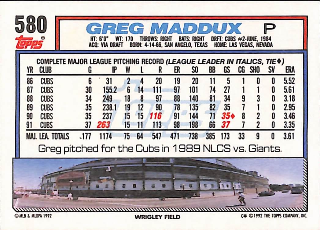 FIINR Baseball Card 1992 Topps Greg Maddux MLB Baseball Card #580 - Mint Condition
