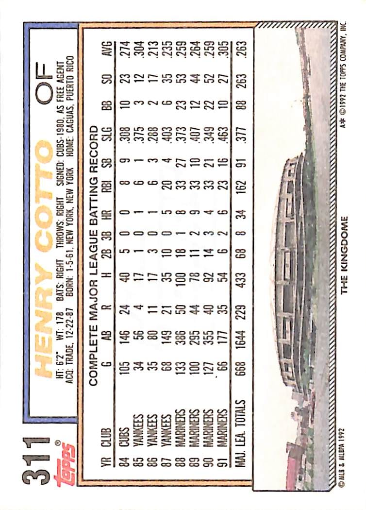 FIINR Baseball Card 1992 Topps Henry Cotto MLB Baseball Card #311 - Mint Condition