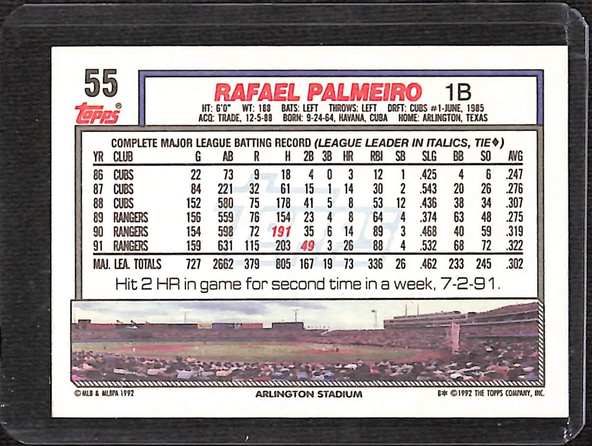FIINR Baseball Card 1992 Topps Rafael Palmeiro Baseball Card #55- Mint Condition