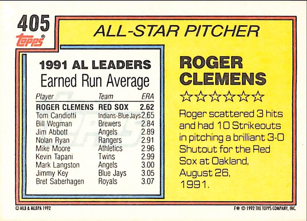 FIINR Baseball Card 1992 Topps Roger Clemens Baseball Card #404 - Mint Condition