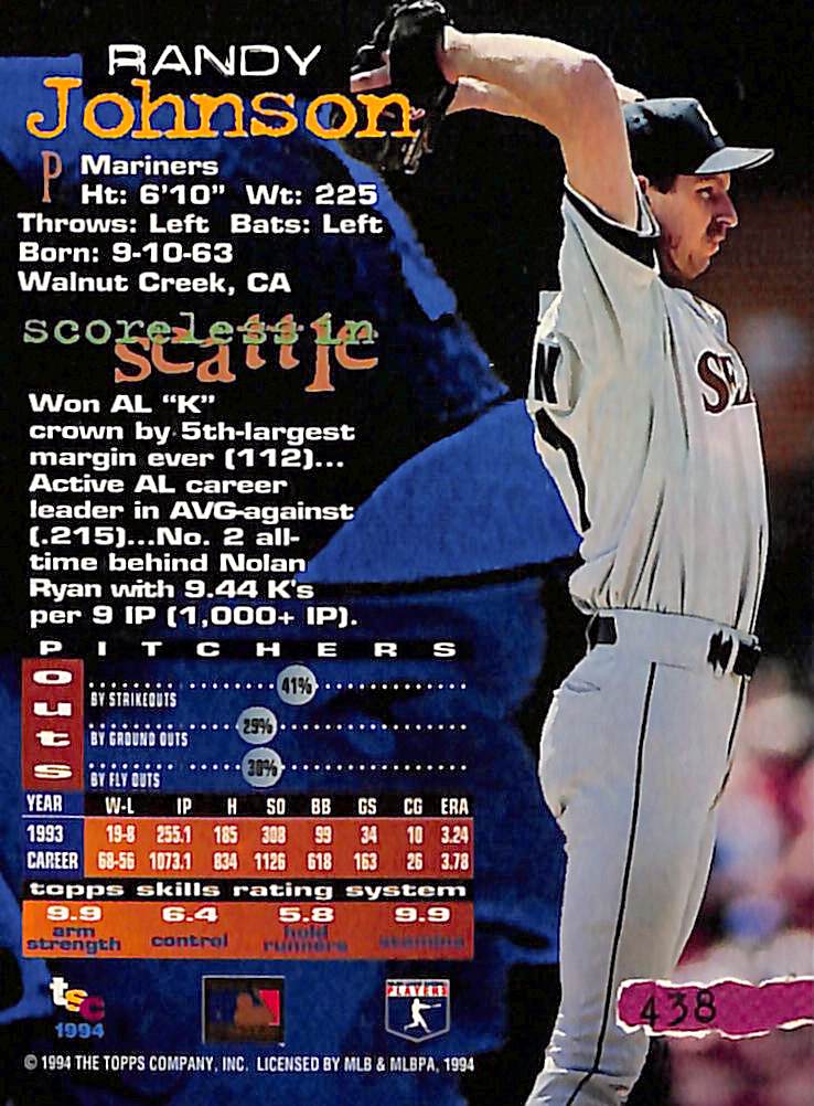 FIINR Baseball Card 1992 Topps Stadium Club Randy Johnson Baseball #438 - Mint Condition