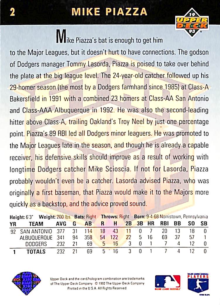 FIINR Baseball Card 1992 Upper Deck Mike Piazza Rookie MLB Baseball Card #2 - Rookie Card - Mint Condition